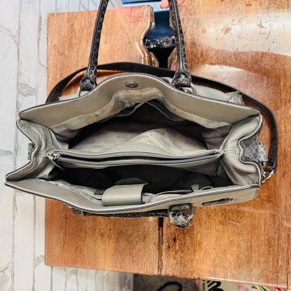 Michael Kors Grey Pebbled Leather & Snakeskin Embossed Satchel Crossbody Bag - Picture 9 of 14